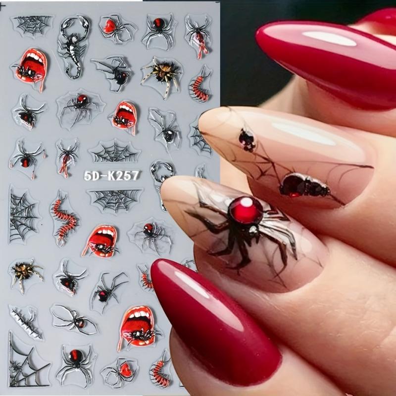 4 Sheets 5D Halloween Nail Art Stickers Evil Eyes Spider Web Designs DIY
