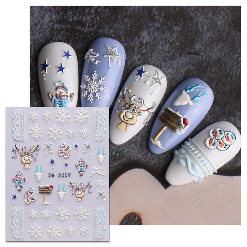 5D Embossed Christmas Nail Art Stickers Snowflake Snowman Santa Claus Reindeer