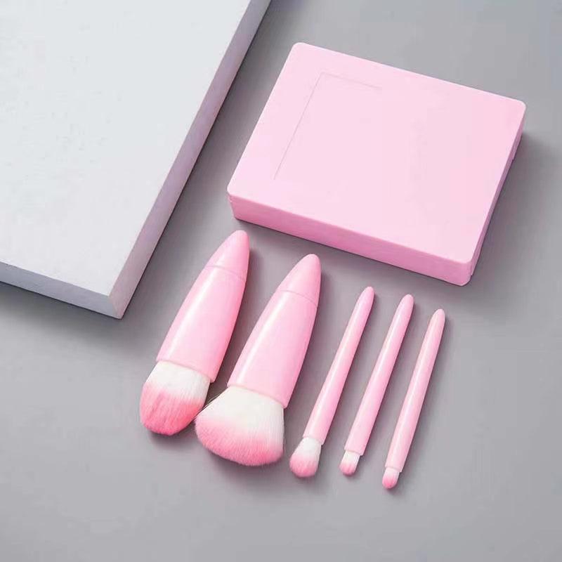 Mini Travel Makeup Brush Set with Mirror - Includes 5 Essential Brushes