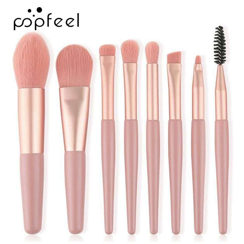 8pcs Portable Mini Makeup Brush Set for Travel Soft Hair Matte Wooden Handle