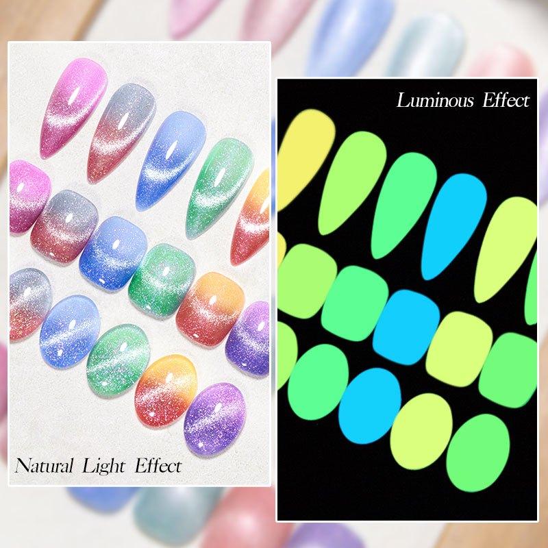 6pcs Glow In The Dark Gel Nail Polish Set Mood Changing Glitter Cat Eye Luminous