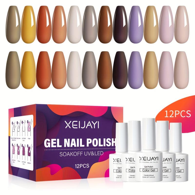 12 Colors Nude Brown Gel Nail Polish Starter Kit, No Wipe Soak Off Set