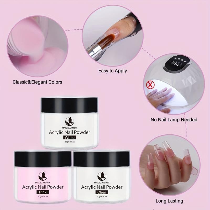 3PCS Acrylic Powder Clear Pink Long Lasting Nail Art DIY 20g