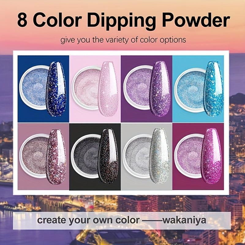 Glitter Purple Pink Nail Dip Powder Kit 8 Colors Set With Liquids & Remover Pads