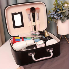 Leather Makeup Train Case with Mirror and Handle