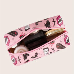 Skeleton Bat Pattern Makeup Bag Pink Square Zipper Pouch