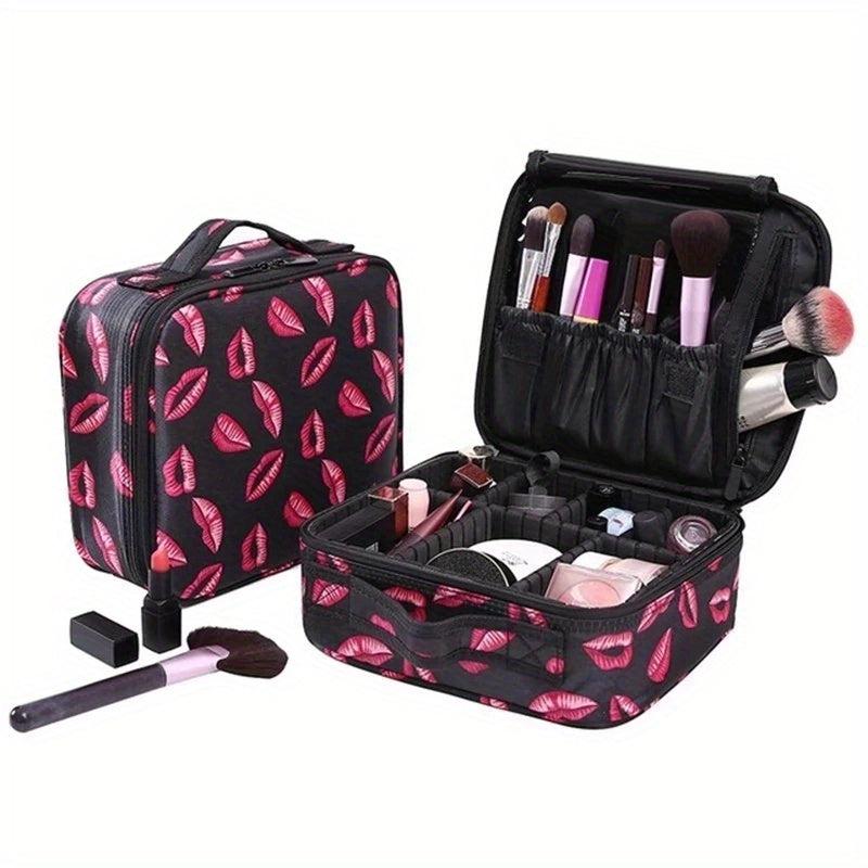 Lip Print Makeup Bag with Dividers, Portable Cosmetic Case for Travel