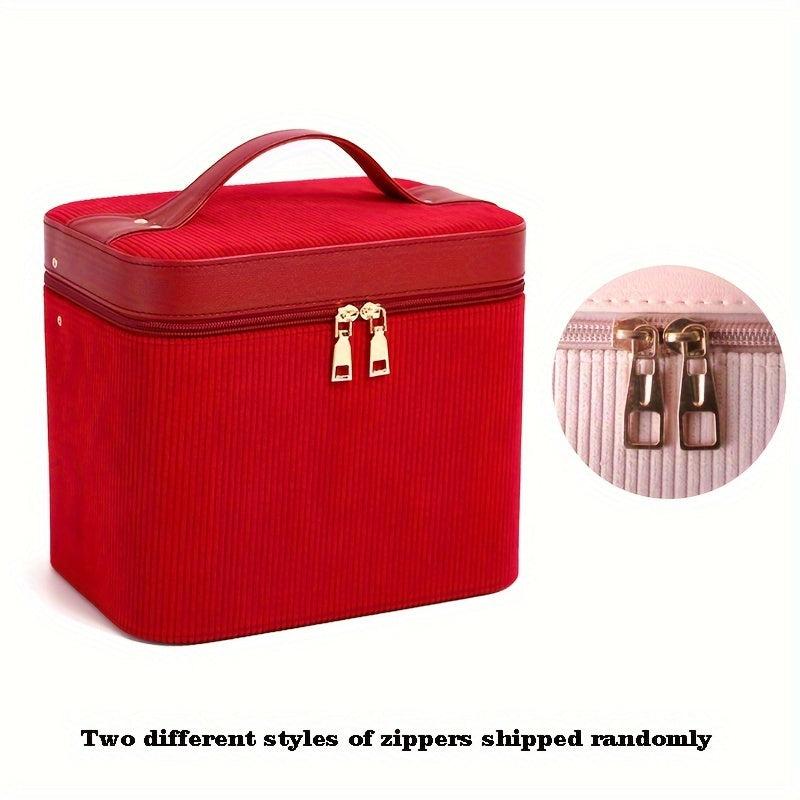 Corduroy Makeup Organizer With Foldable Tray & Handle
