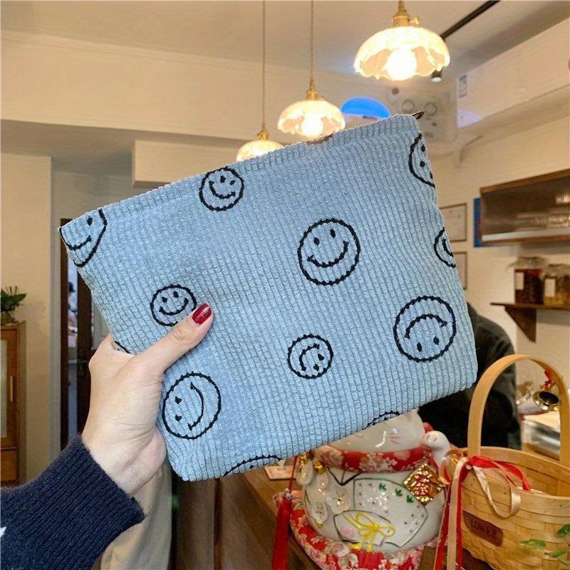 Corduroy Smile Face Cosmetic Bag Large Capacity Travel Toiletry Pouch