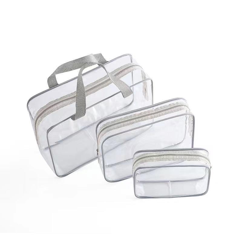 3Pcs Clear Cosmetics Toiletry Bag Portable PVC Travel Wash Storage Grey Pink