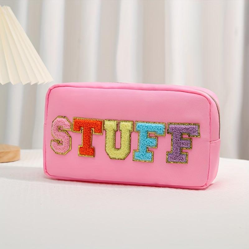 Preppy Makeup Pouch Chenille Letter Patch Zipper Makeup Bags Nylon Toiletry Bag