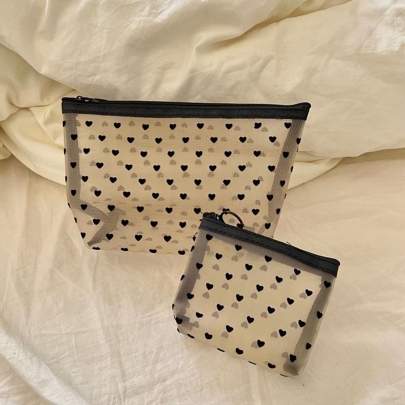 Heart Pattern Makeup Bag Mesh Zipper Makeup Pouch Toiletry Bag