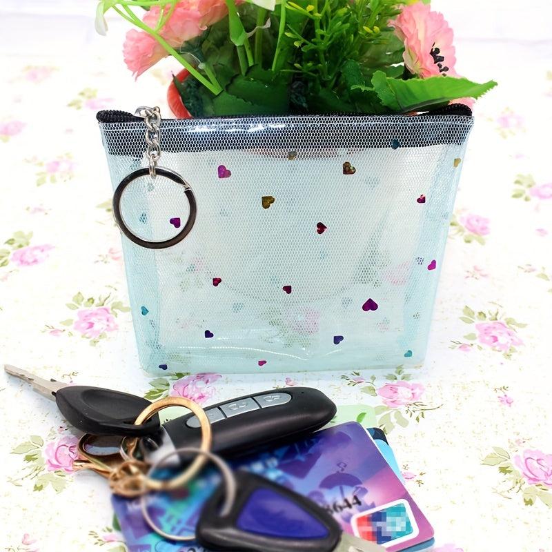 Clear Heart Decor Coin Purse With Keychain Mesh Cosmetic Bag Zipper Wallet