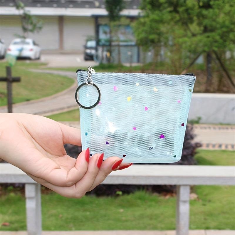 Clear Heart Decor Coin Purse With Keychain Mesh Cosmetic Bag Zipper Wallet