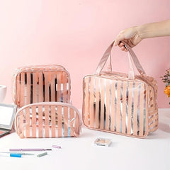 3Pcs Stripes Pattern Makeup Bags Kit Portable Waterproof Travel Organizer