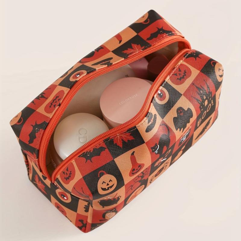 Halloween Pumpkin & Spider Web Print Makeup Bag Zipper Roomy Square Makeup Pouch