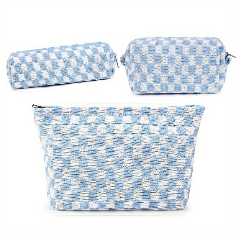 3 Pcs Checkered Makeup Bag Set Canvas Travel Toiletry Organizer Large Capacity