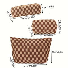 3 Pcs Checkered Makeup Bag Set Canvas Travel Toiletry Organizer Large Capacity