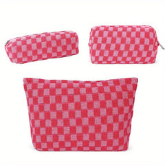 3 Pcs Checkered Makeup Bag Set Canvas Travel Toiletry Organizer Large Capacity
