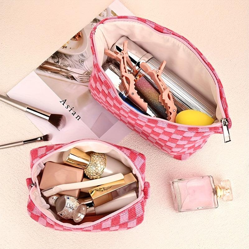 3 Pcs Checkered Makeup Bag Set Canvas Travel Toiletry Organizer Large Capacity