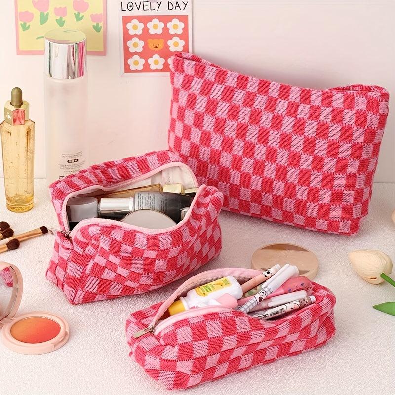 3 Pcs Checkered Makeup Bag Set Canvas Travel Toiletry Organizer Large Capacity