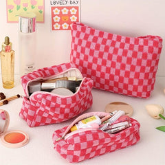 3 Pcs Checkered Makeup Bag Set Canvas Travel Toiletry Organizer Large Capacity