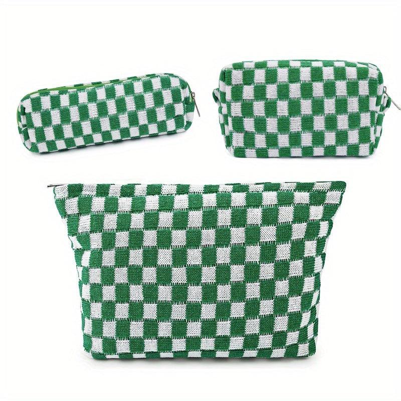 3 Pcs Checkered Makeup Bag Set Canvas Travel Toiletry Organizer Large Capacity
