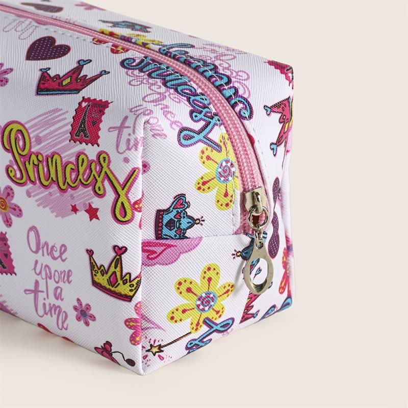 Flower Crown Diamond Pattern Makeup Bag Roomy Square PU Style Makeup Pouch