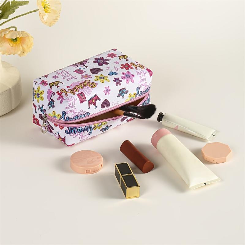 Flower Crown Diamond Pattern Makeup Bag Roomy Square PU Style Makeup Pouch