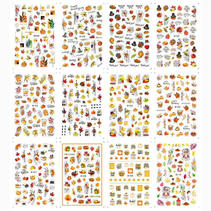 12 Sheets Maple Leaf Nail Art Stickers 3D Self Adhesive Fall Leaf Stickers