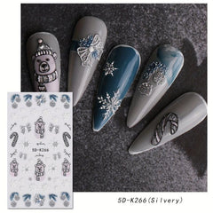 5D Embossed Christmas Nail Art Stickers Snowman Elk Snowflake Santa Claus Decals