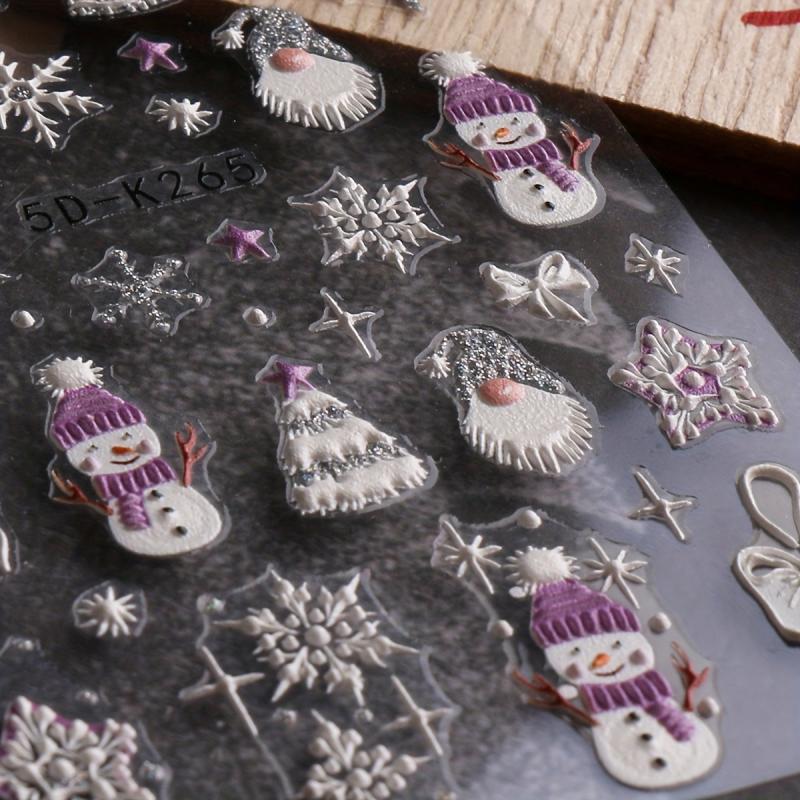 5D Embossed Christmas Nail Art Stickers Snowman Elk Snowflake Santa Claus Decals