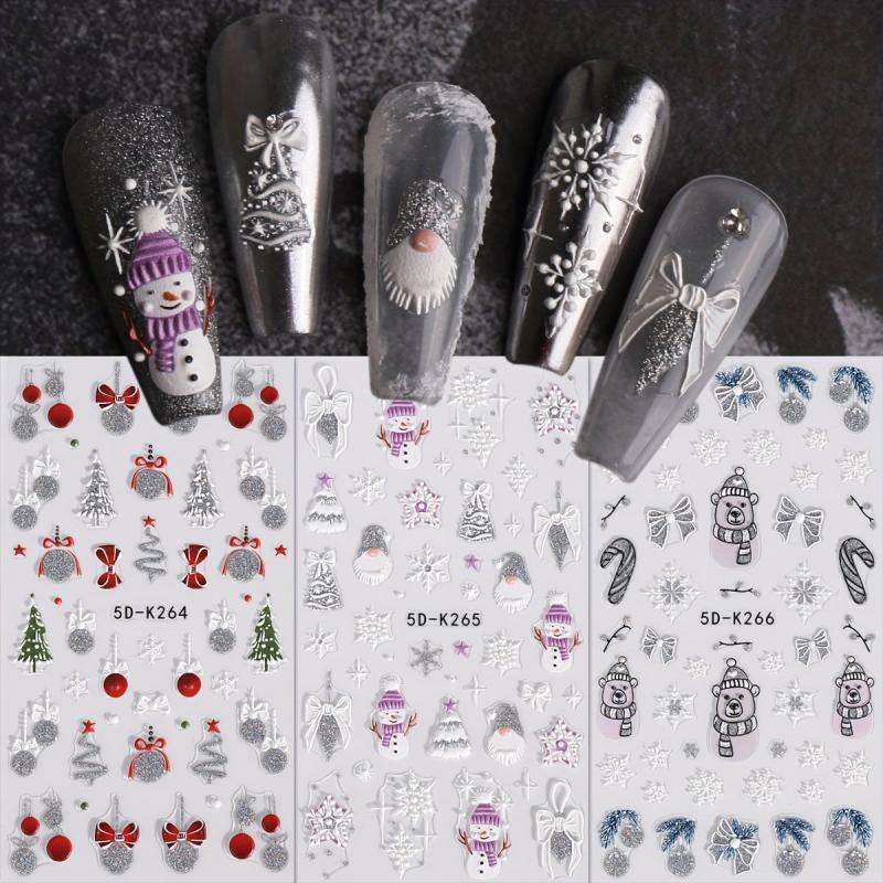 5D Embossed Christmas Nail Art Stickers Snowman Elk Snowflake Santa Claus Decals