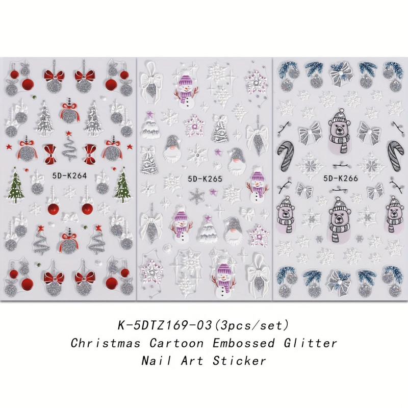 5D Embossed Christmas Nail Art Stickers Snowman Elk Snowflake Santa Claus Decals