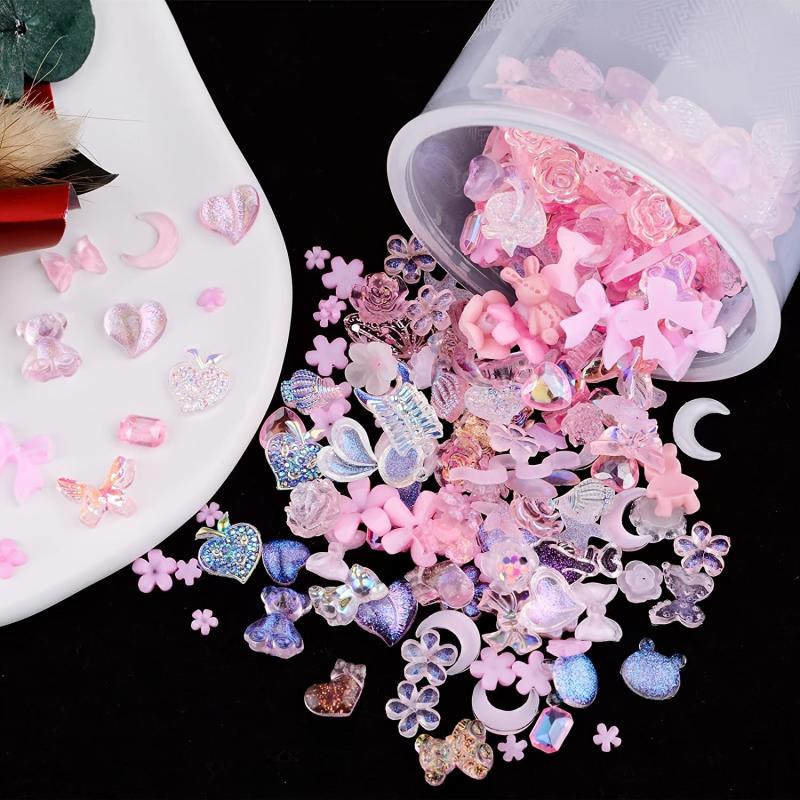 100 pcs 3D Resin Nail Charms Rose Flower Rabbit Animal Shaped Rhinestones Pearls