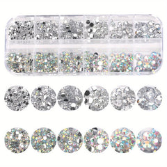 12 Grids Glitter Transparent Flat Rhinestone Inlaid DIY Nail Art Decoration