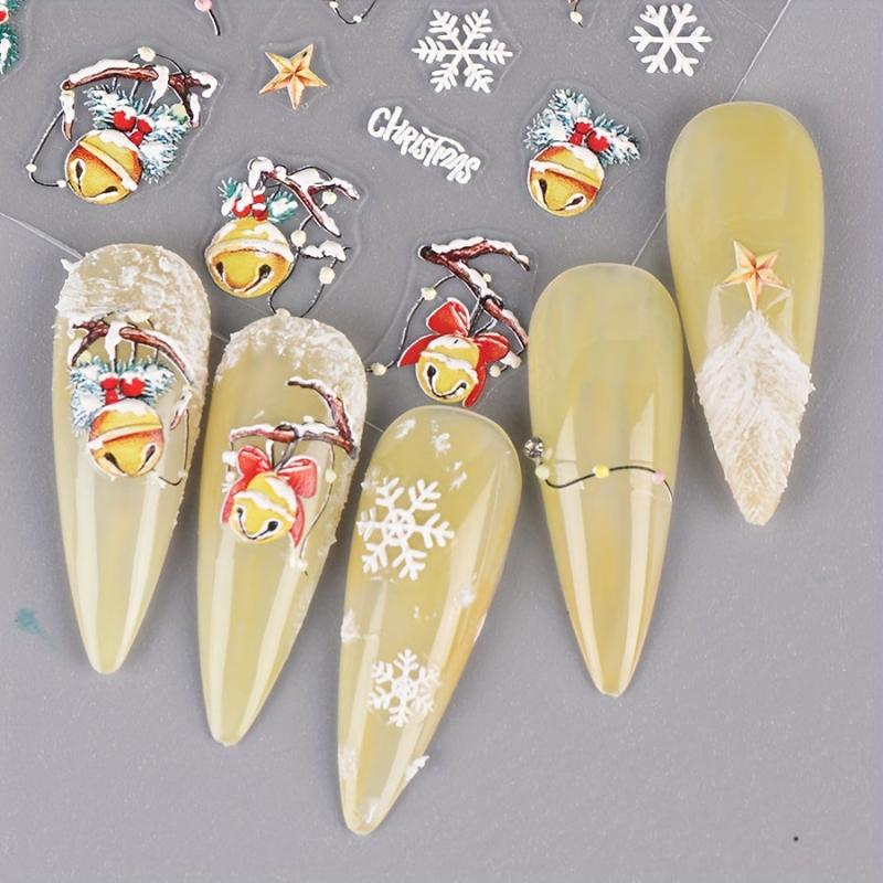 5D Embossed Christmas Nail Art Stickers Snowflake Glove Lantern Nail Art Decals