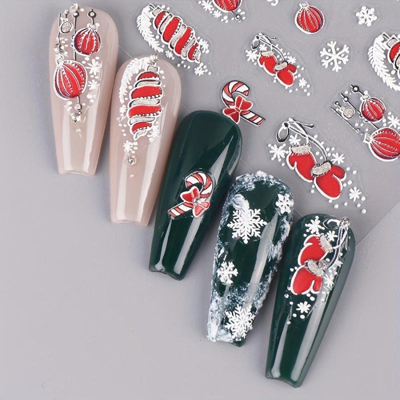 5D Embossed Christmas Nail Art Stickers Snowflake Glove Lantern Nail Art Decals
