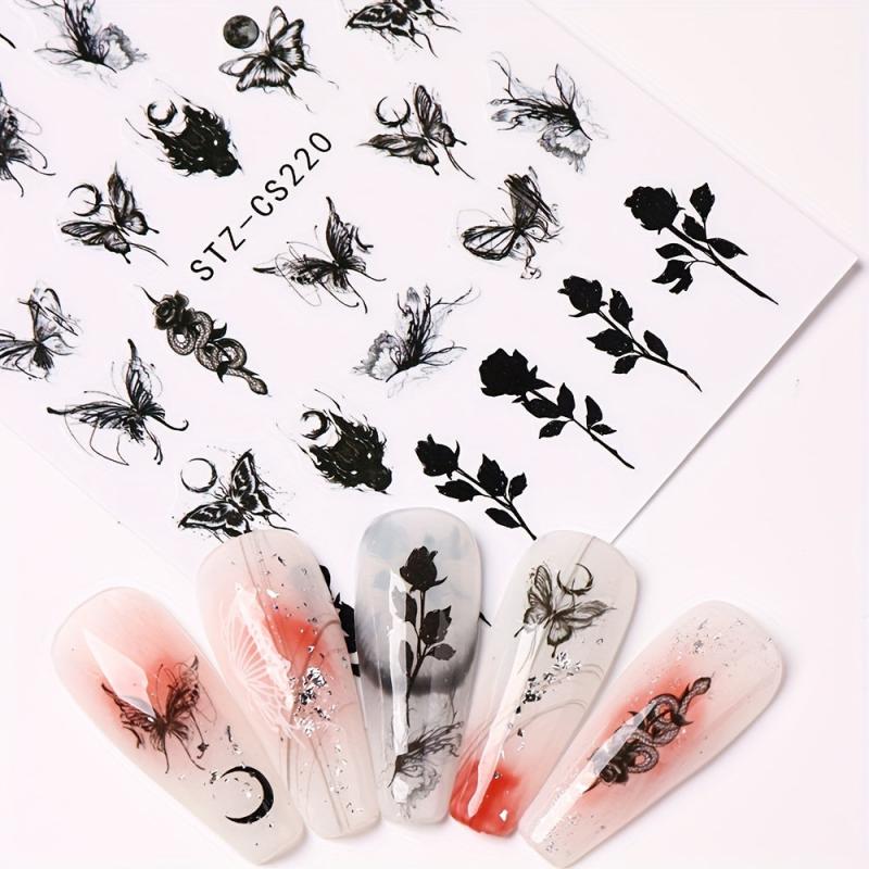 Butterfly Nails Stickers Ink Dip Gradient Abstract Flower Bone Nail Art Decals