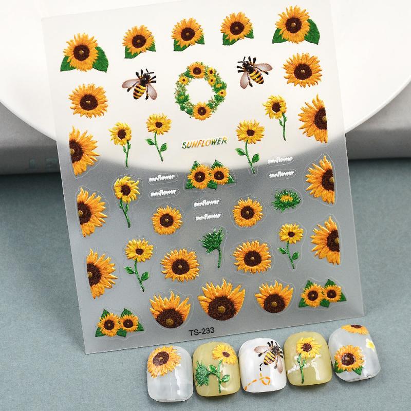 Summer Sunflower Bee Nail Art Stickers 5D Embossed Nail Art Decals