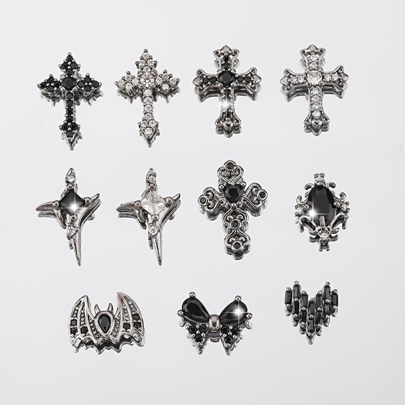 4pcs 3D Punk Cross Nail Charms Rhinestones Butterfly Heart Halloween Bat
