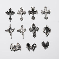 4pcs 3D Punk Cross Nail Charms Rhinestones Butterfly Heart Halloween Bat