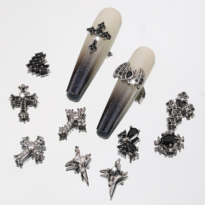 4pcs 3D Punk Cross Nail Charms Rhinestones Butterfly Heart Halloween Bat