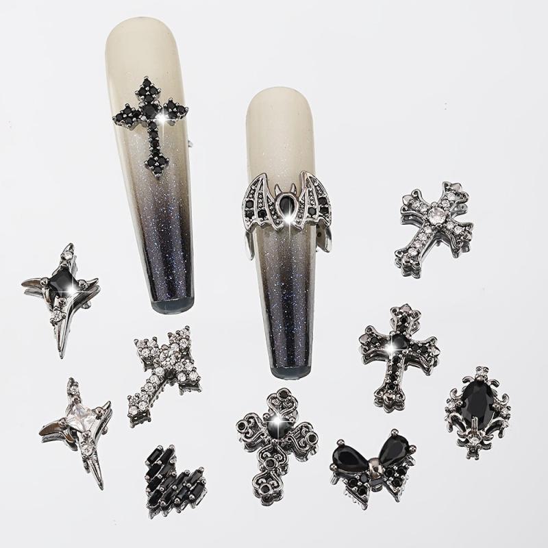 4pcs 3D Punk Cross Nail Charms Rhinestones Butterfly Heart Halloween Bat