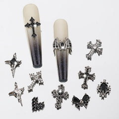 4pcs 3D Punk Cross Nail Charms Rhinestones Butterfly Heart Halloween Bat
