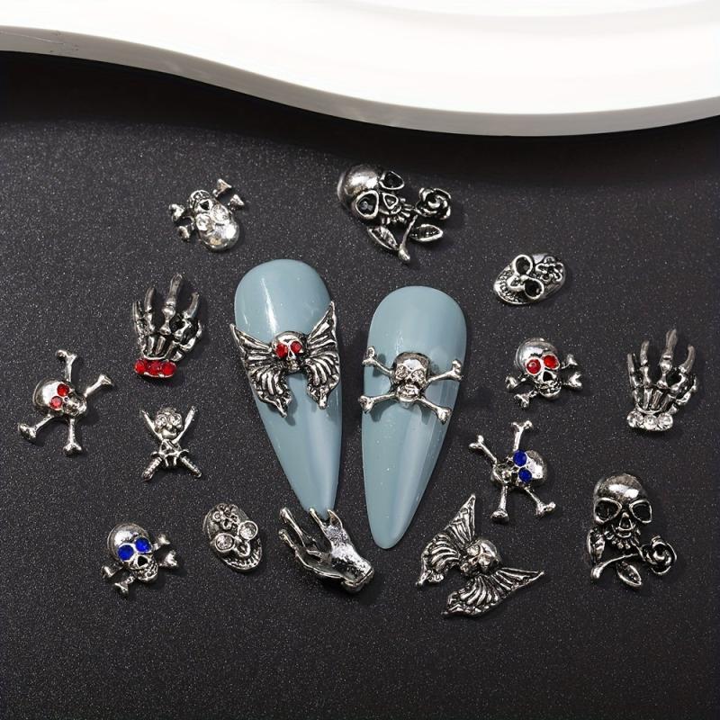 10pcs Halloween Nail Art Charms With Rhinestones Alloy Skull Hand Palm