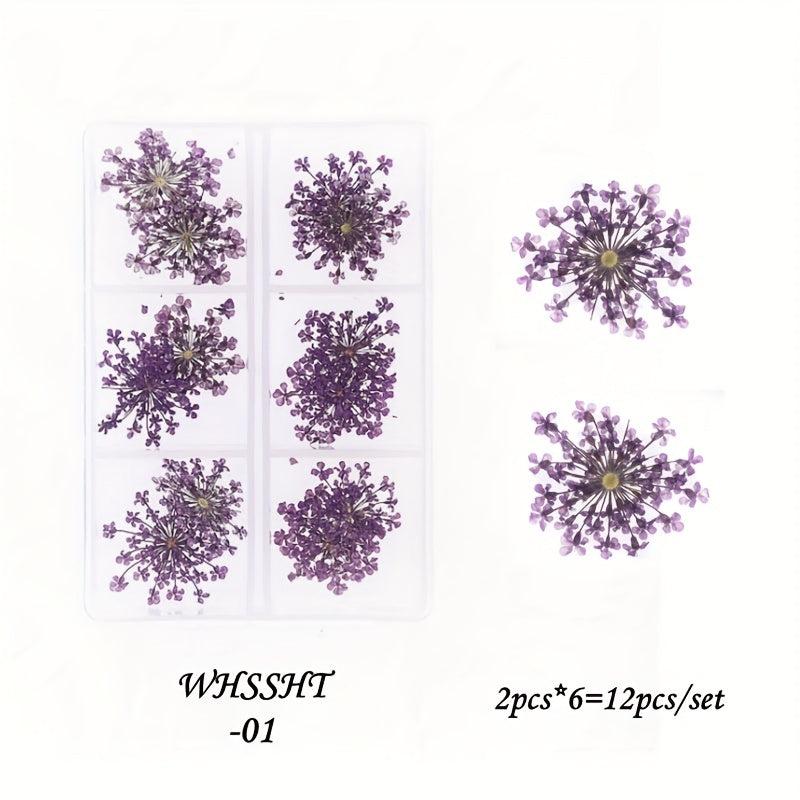12 Dried Flower Nail Art Charm 3D Sticker For Manicure Decor