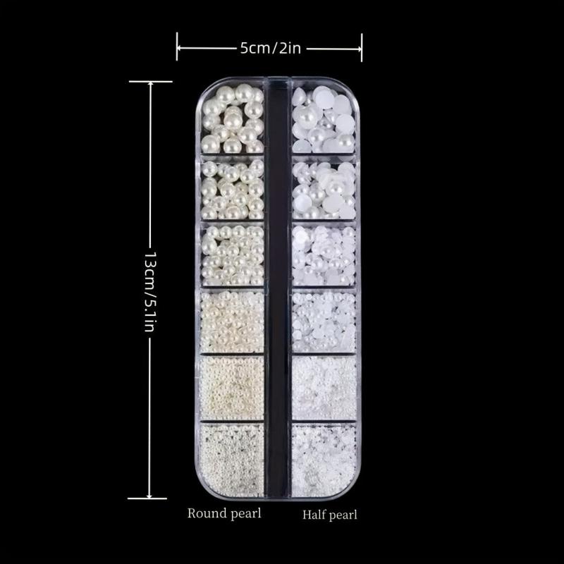 12 Grids Beige Nail Pearls Half Round Pearls for Nail Art Crafts DIY
