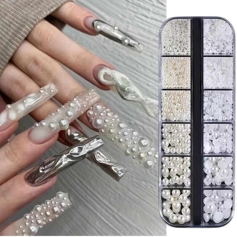 12 Grids Beige Nail Pearls Half Round Pearls for Nail Art Crafts DIY