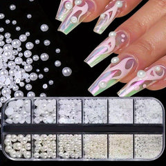 12 Grids Beige Nail Pearls Half Round Pearls for Nail Art Crafts DIY